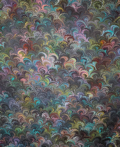 Large hand marbled charmeuse silk fabric, black