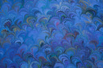Large hand marbled charmeuse silk fabric, blue