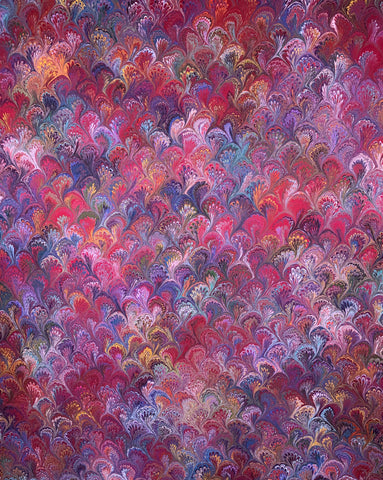 Large hand marbled charmeuse silk fabric, burgundy