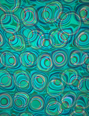 Large hand marbled charmeuse silk fabric, green
