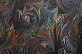 Large hand marbled charmeuse silk fabric, black