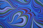 Large hand marbled charmeuse silk fabric, blue