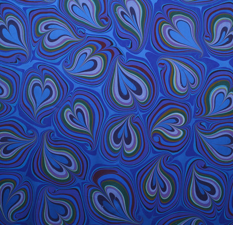 Large hand marbled charmeuse silk fabric, blue