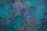 Large hand marbled charmeuse silk fabric, teal